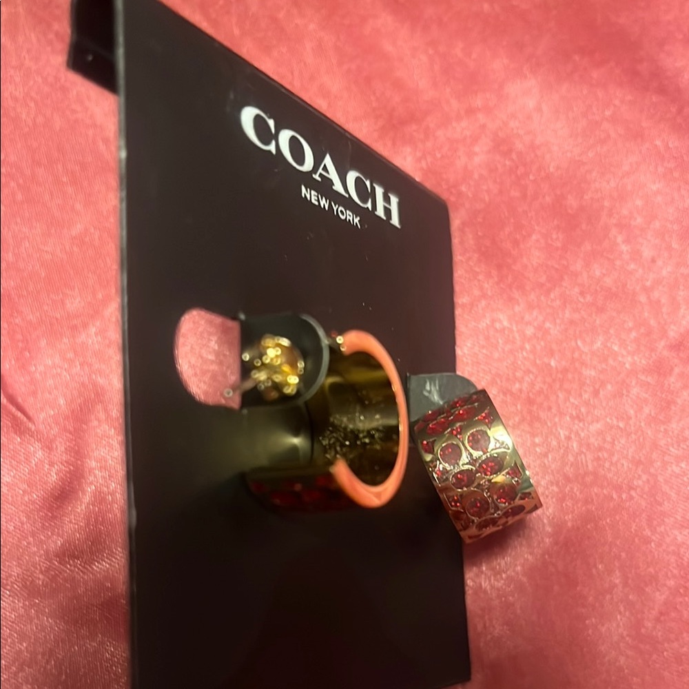 Coach Gold and Red small huggie hoop Earrings - Picture 5 of 6